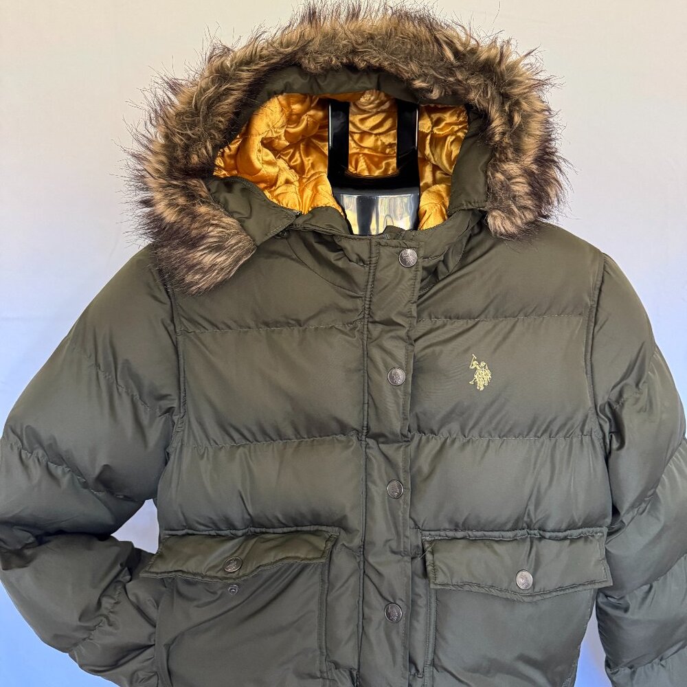 ❤️ U.S. Polo ASSN. Women's Olive Green & Yellow Lining w/Detachable Hood Large